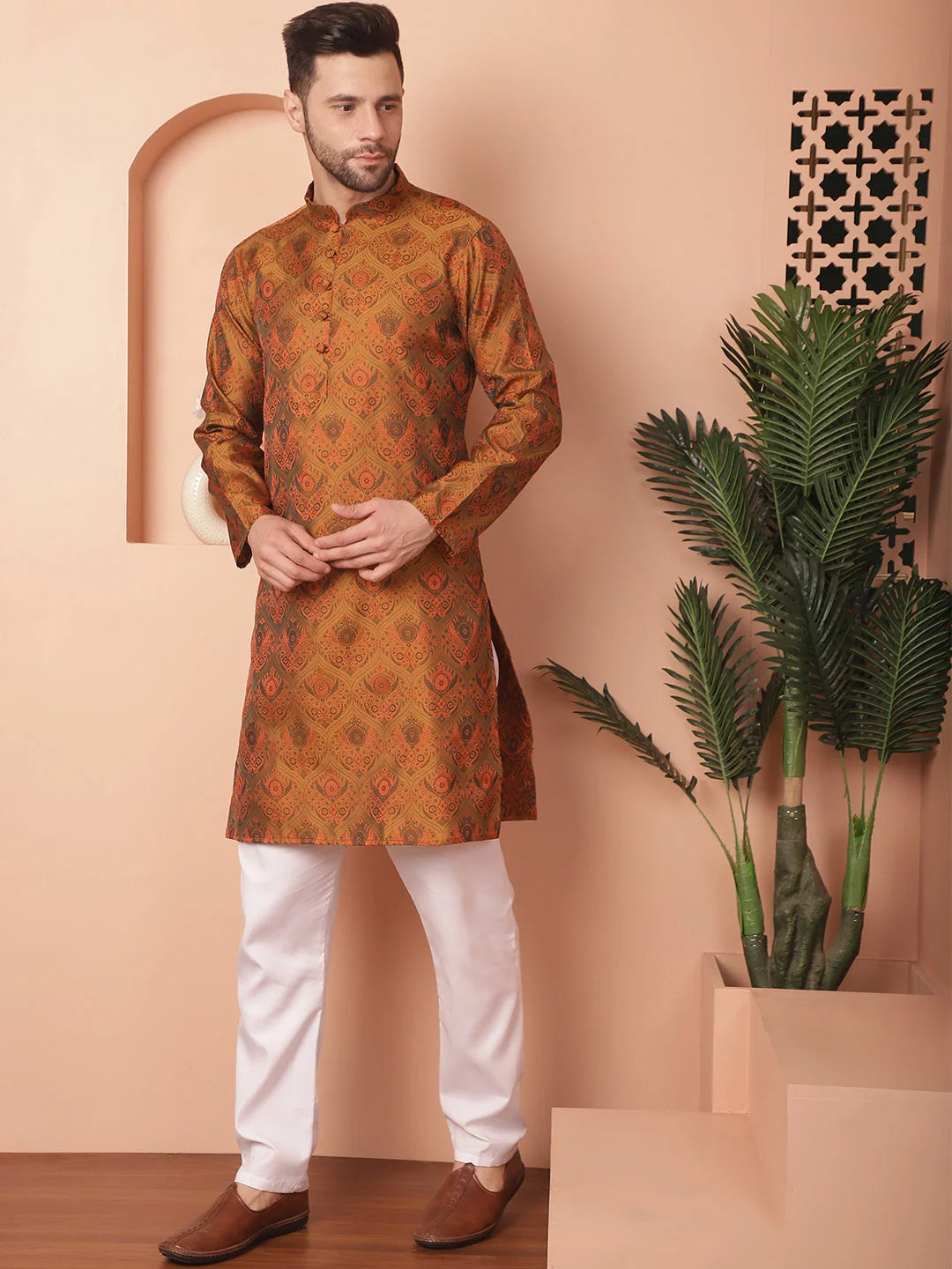 Gold Silk Blend Mens Kurta Pajama Set - Woven Pathani Design