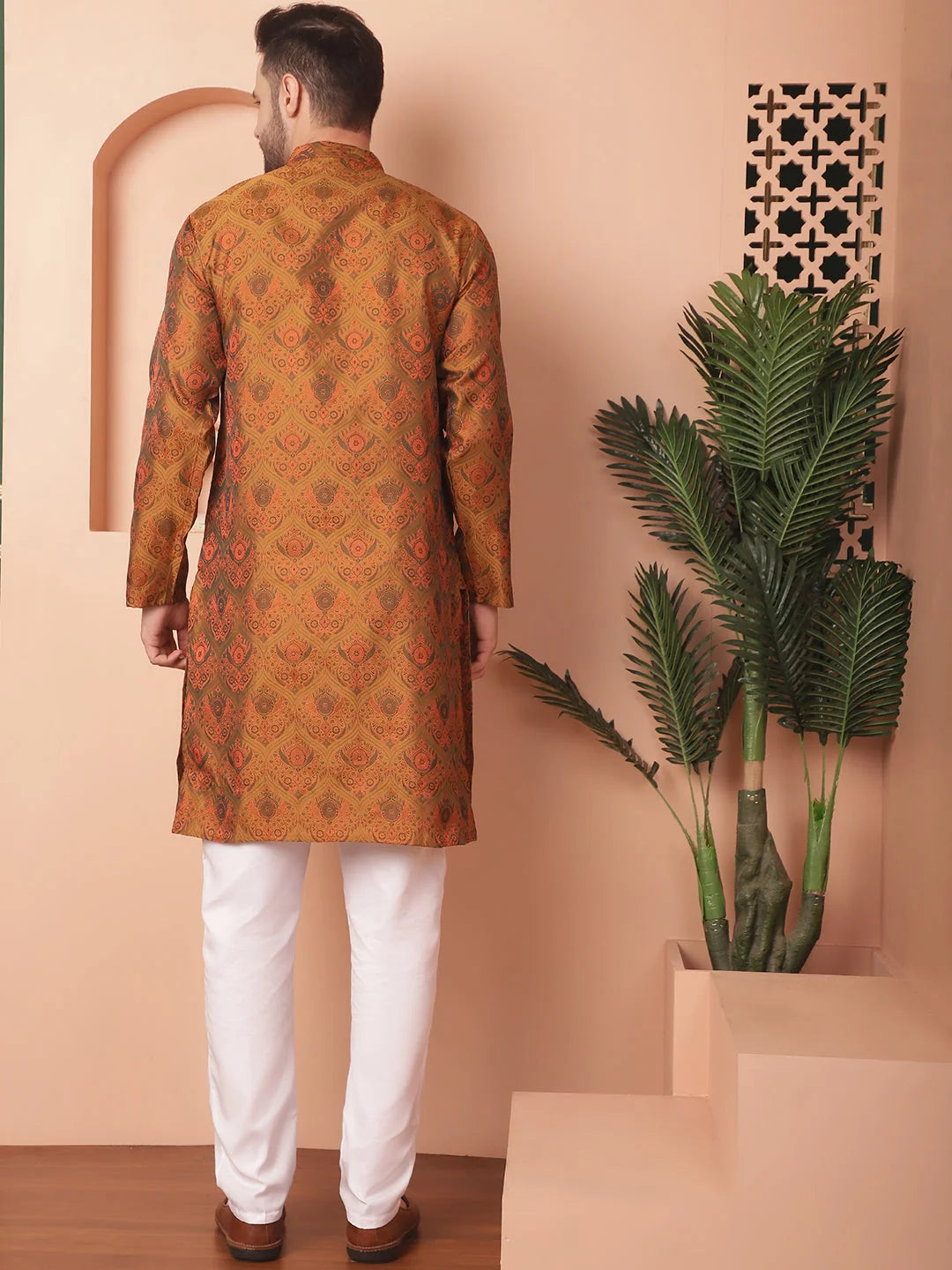 Gold Silk Blend Mens Kurta Pajama Set - Woven Pathani Design