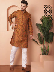 Men Gold Silk Blend Straight Kurta Pyjama Set-JOKP-P