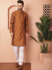 Men Gold Silk Blend Straight Kurta Pyjama Set-JOKP-P