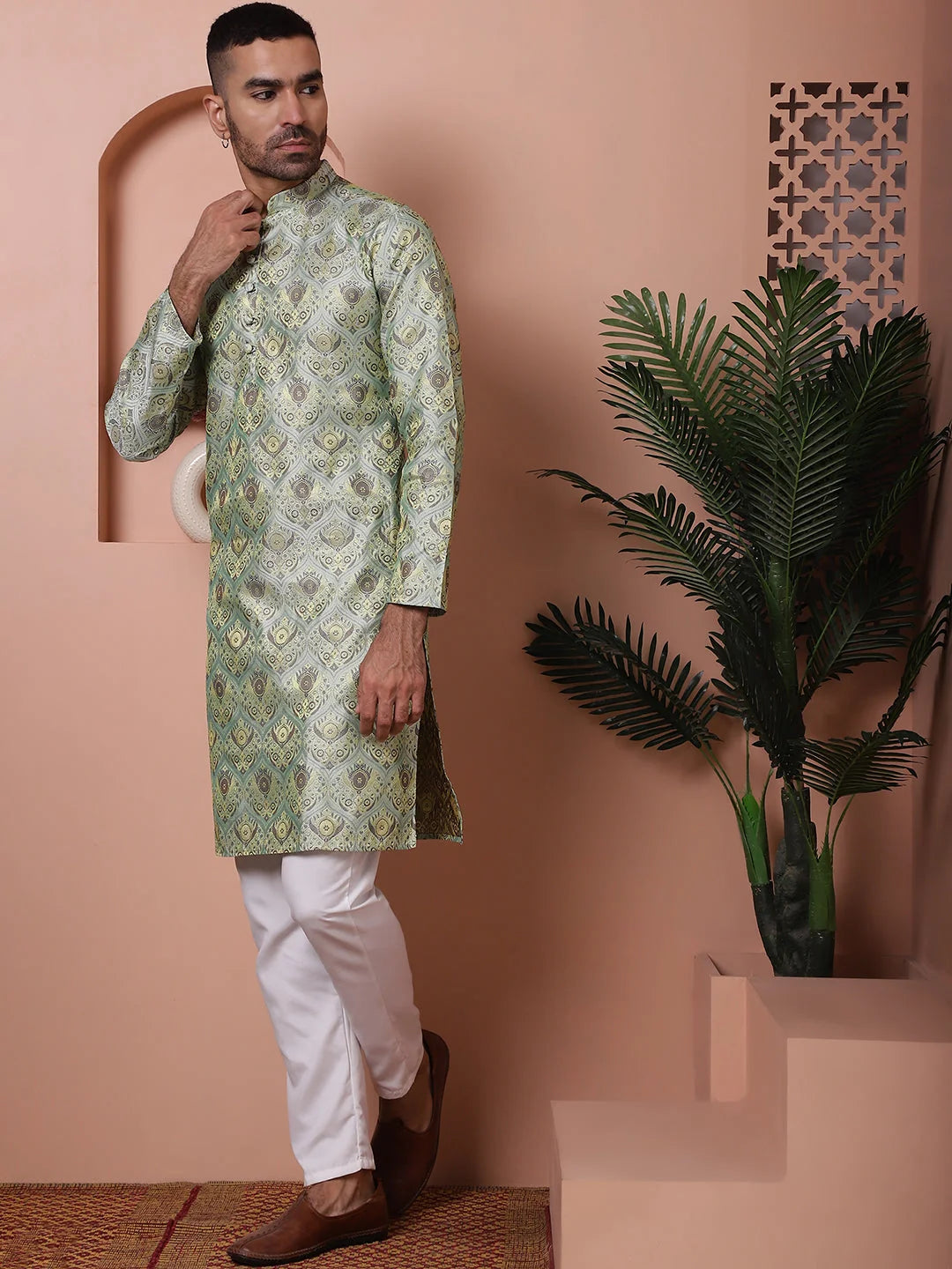 Pista Green Silk Blend Mens Kurta Pajama Set | Indian Wear