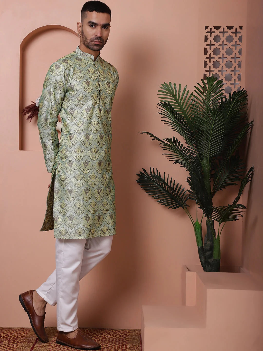 Pista Green Silk Blend Mens Kurta Pajama Set | Indian Wear