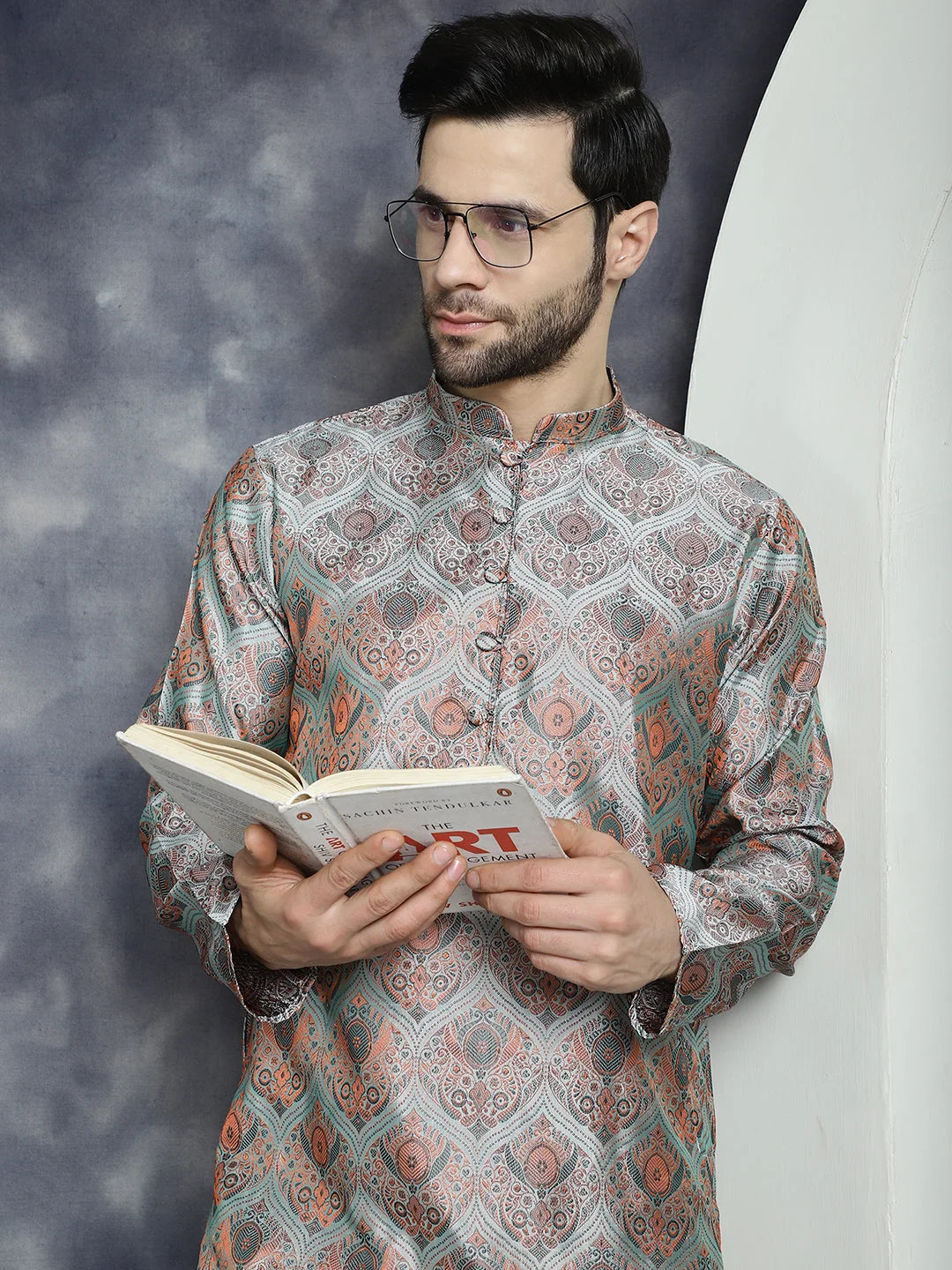 Silver Mens Kurta Pajama Set | Straight Cut Silk Blend