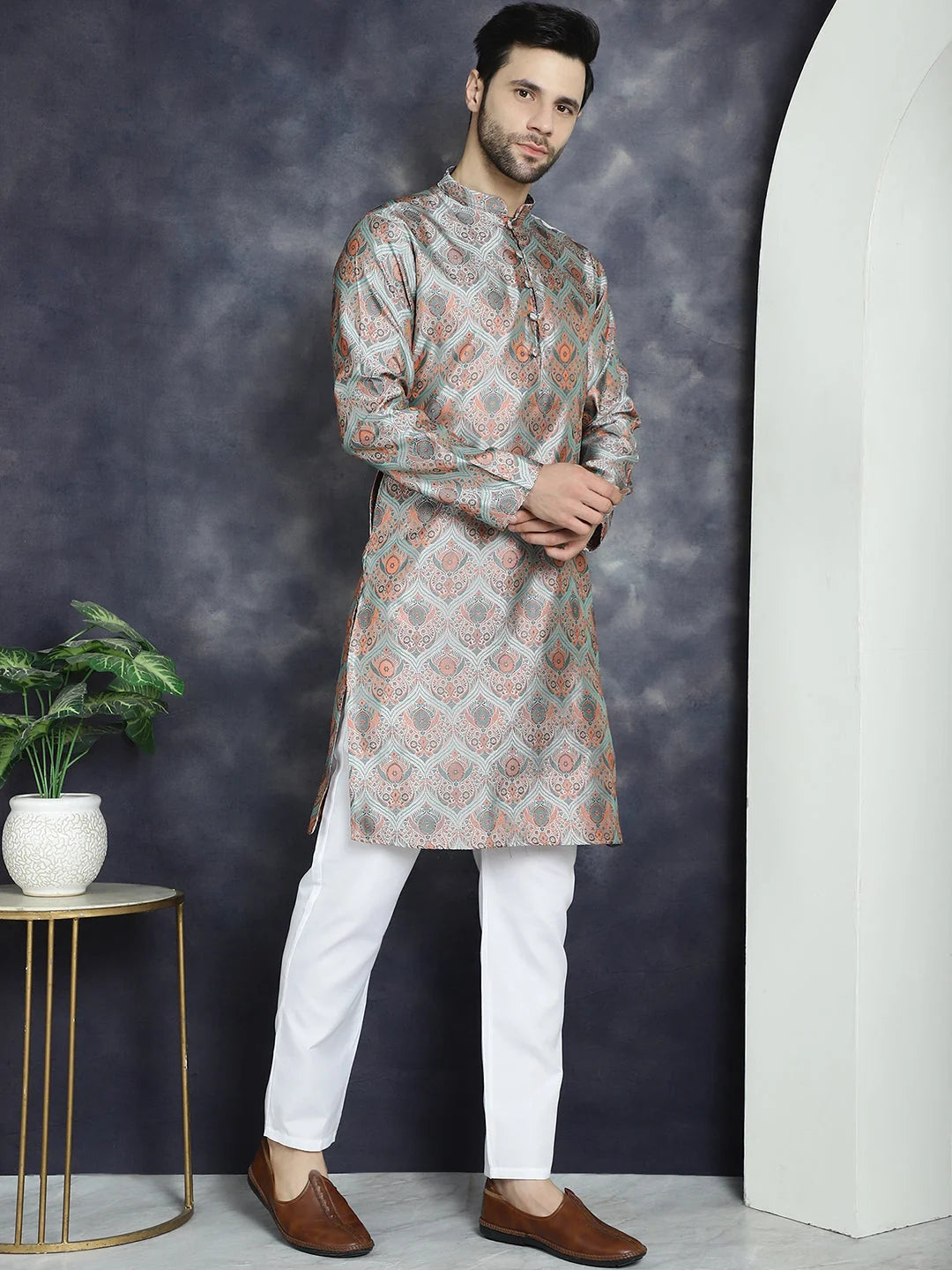 Silver Mens Kurta Pajama Set | Straight Cut Silk Blend