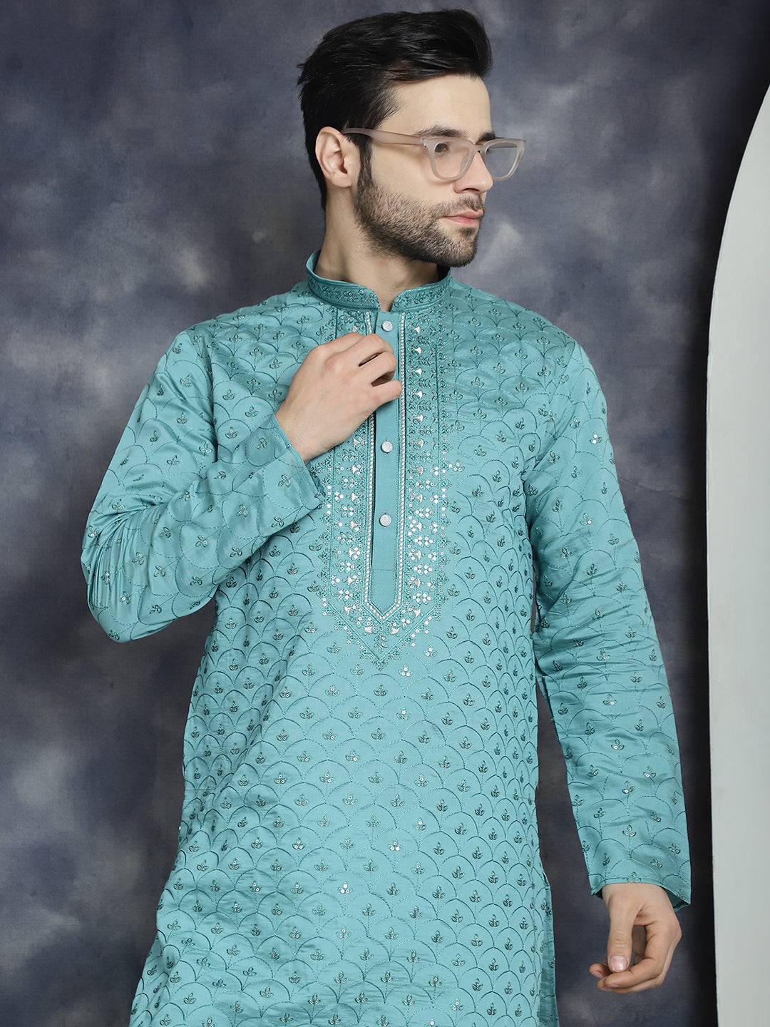 Blue Sequins Mens Kurta Pajama Set | Embroidered Pathani