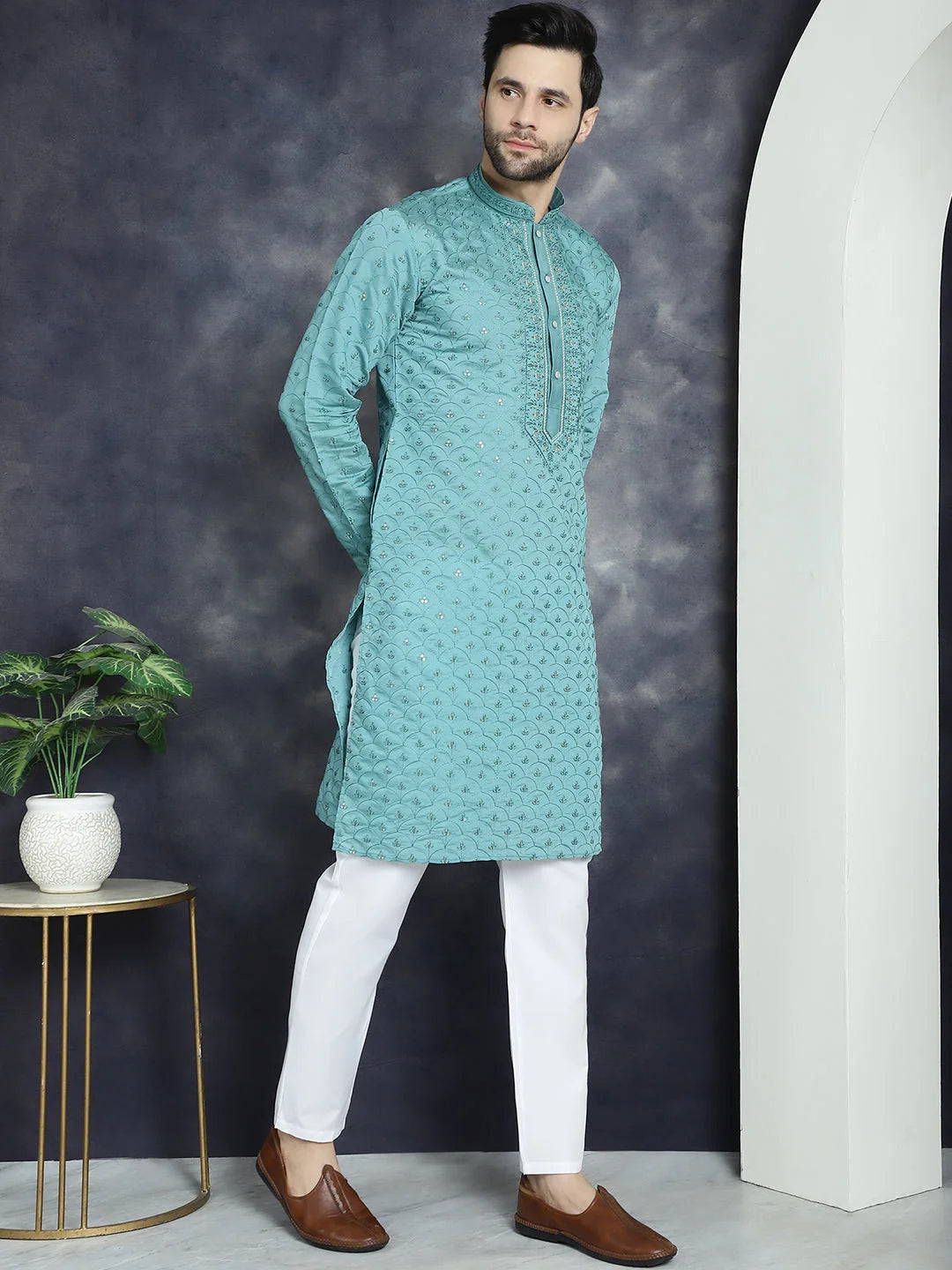 Blue Sequins Mens Kurta Pajama Set | Embroidered Pathani