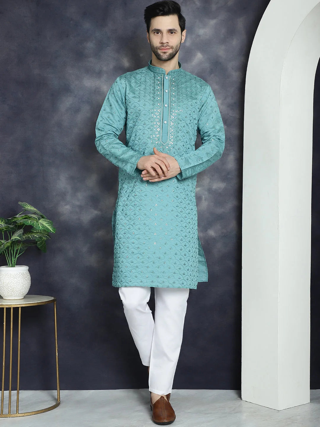 Blue Sequins Mens Kurta Pajama Set | Embroidered Pathani