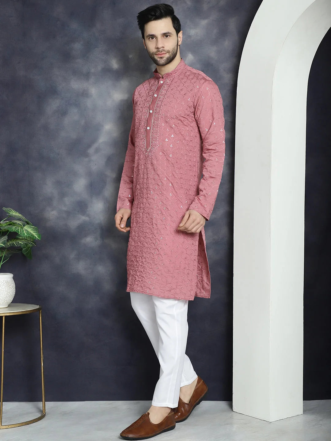 Coral Red Embroidered Mens Kurta Pajama Set | Pathani Style