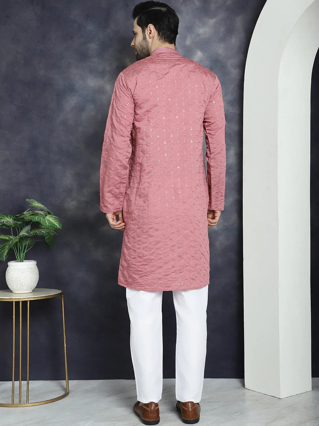 Coral Red Embroidered Mens Kurta Pajama Set | Pathani Style
