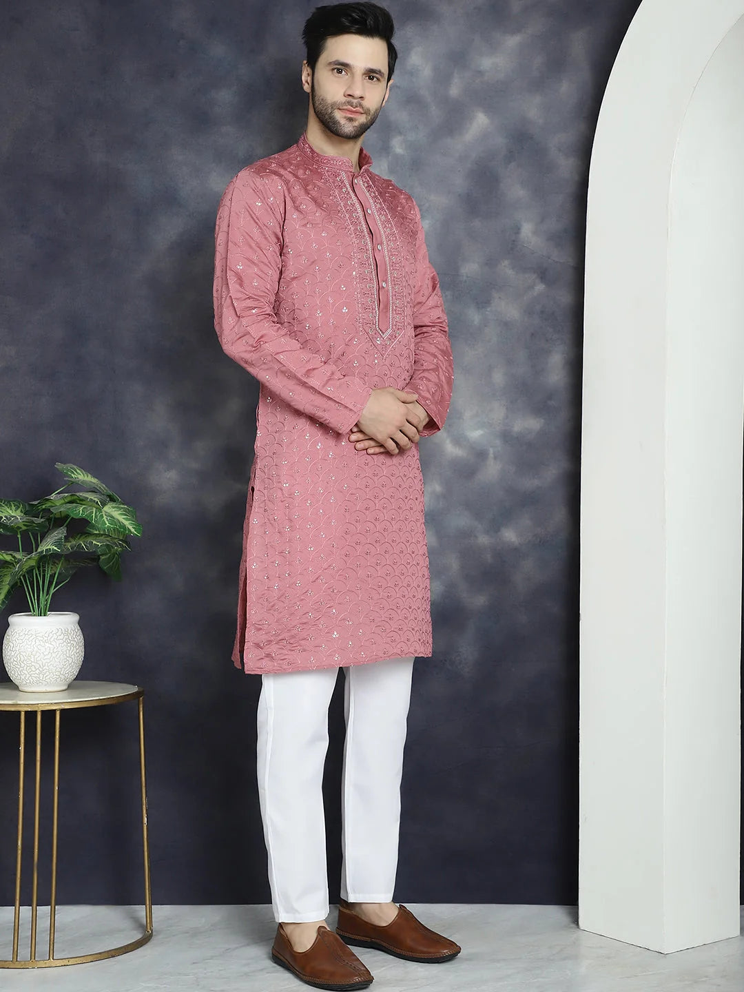 Coral Red Embroidered Mens Kurta Pajama Set | Pathani Style