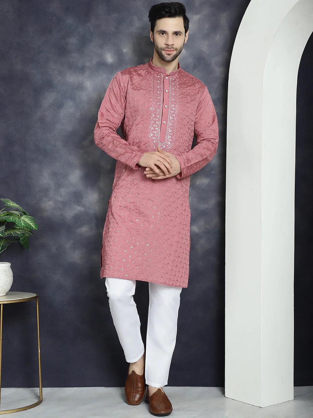 Coral Red Embroidered Mens Kurta Pajama Set | Pathani Style