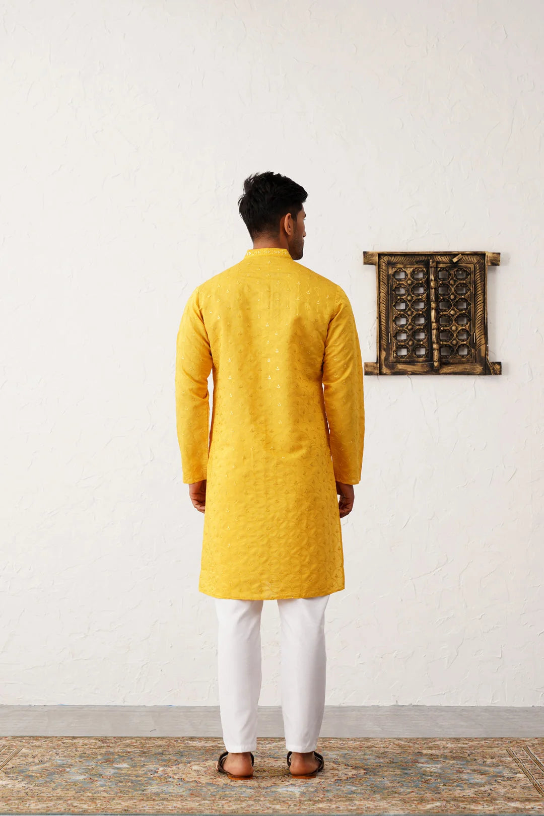 Mens Kurta Pajama Set - Mustard Sequined Embroidered Kurta