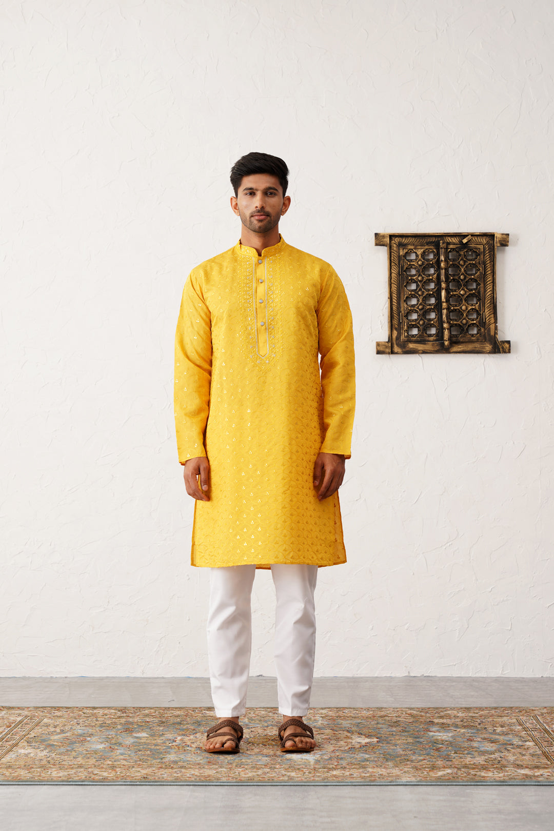 Mens Kurta Pajama Set - Mustard Sequined Embroidered Kurta