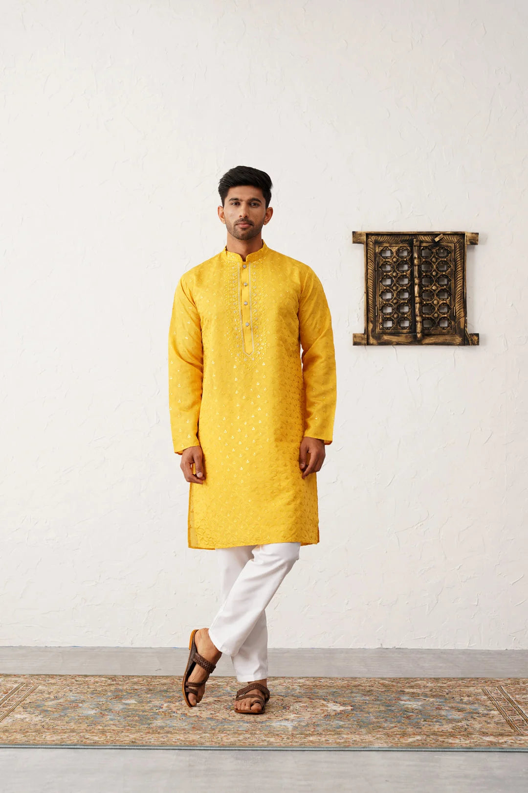 Mens Kurta Pajama Set - Mustard Sequined Embroidered Kurta