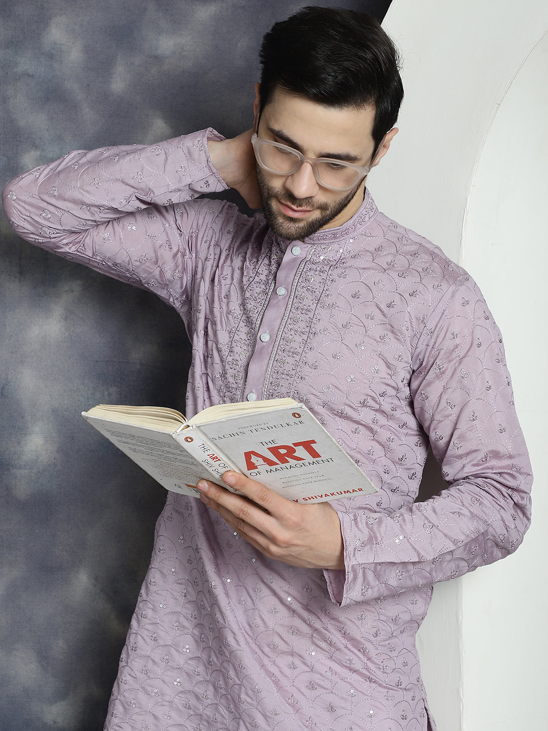 Purple Sequins Mens Kurta Pajama Set | Embroidered Kurta
