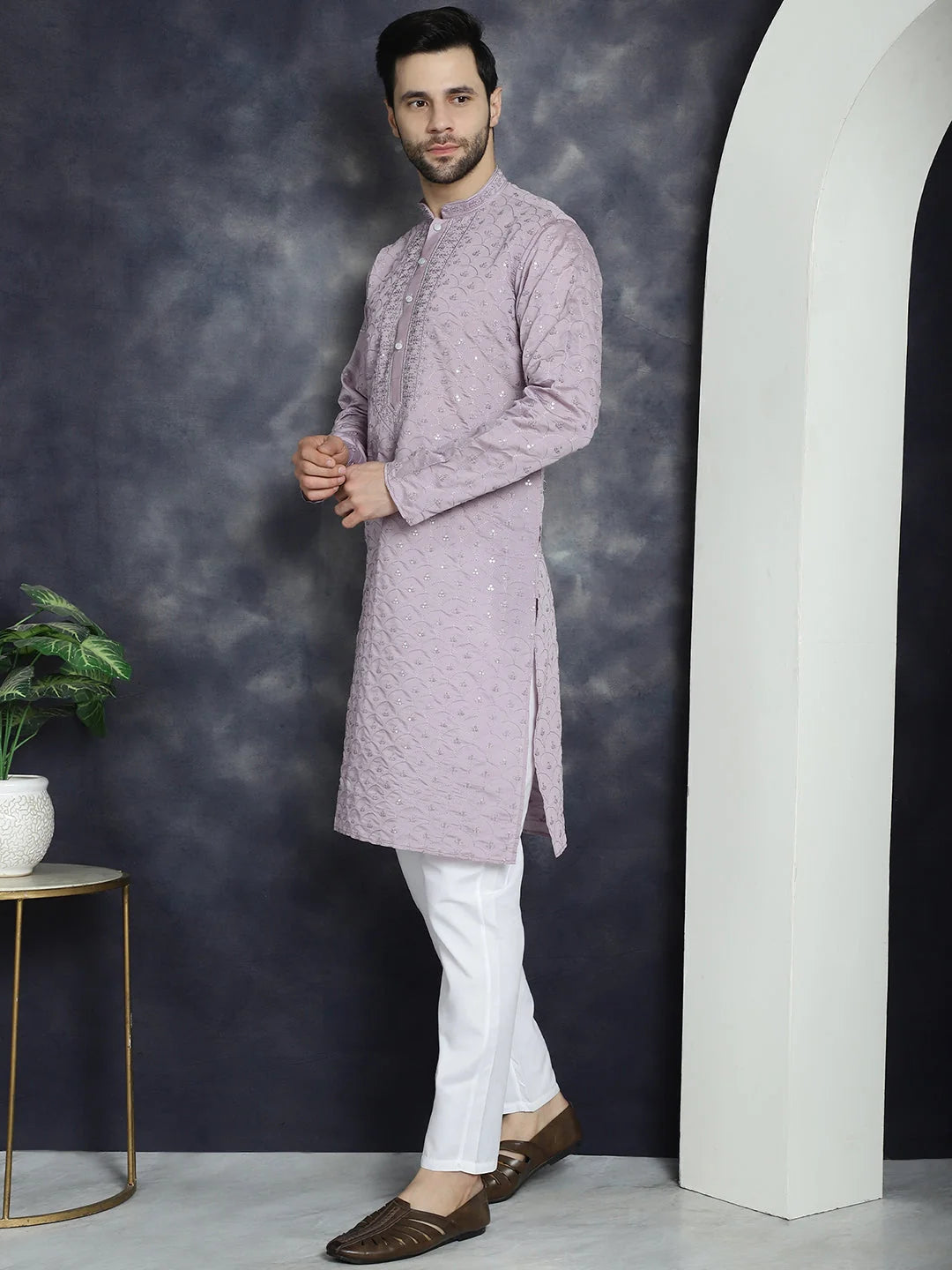 Purple Sequins Mens Kurta Pajama Set | Embroidered Kurta