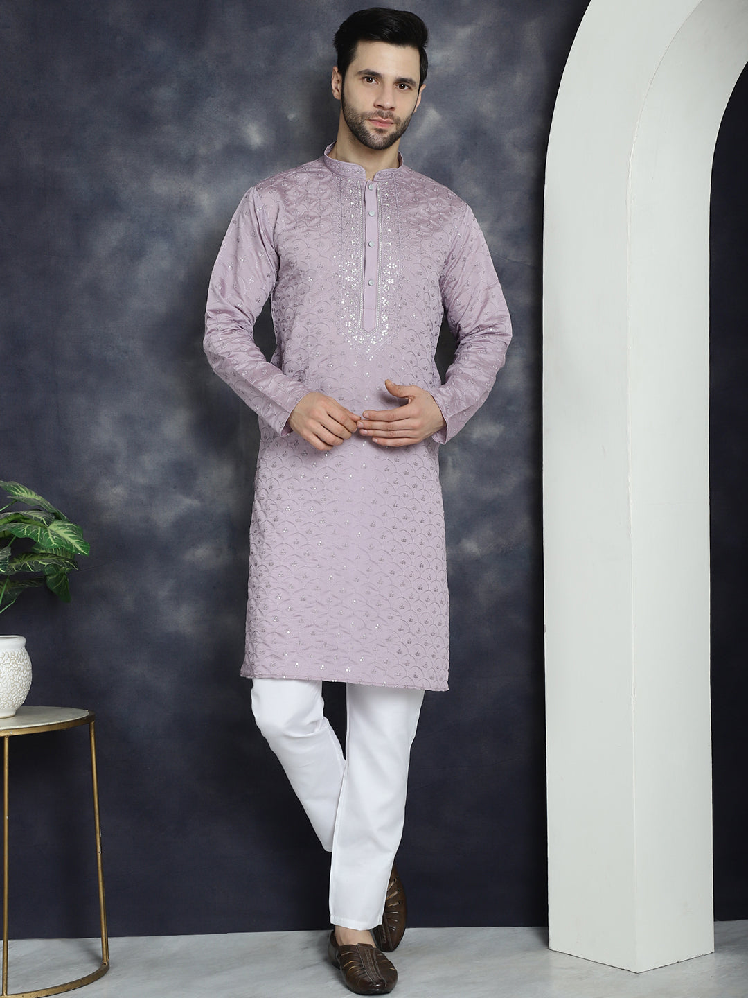 Purple Sequins Mens Kurta Pajama Set | Embroidered Kurta