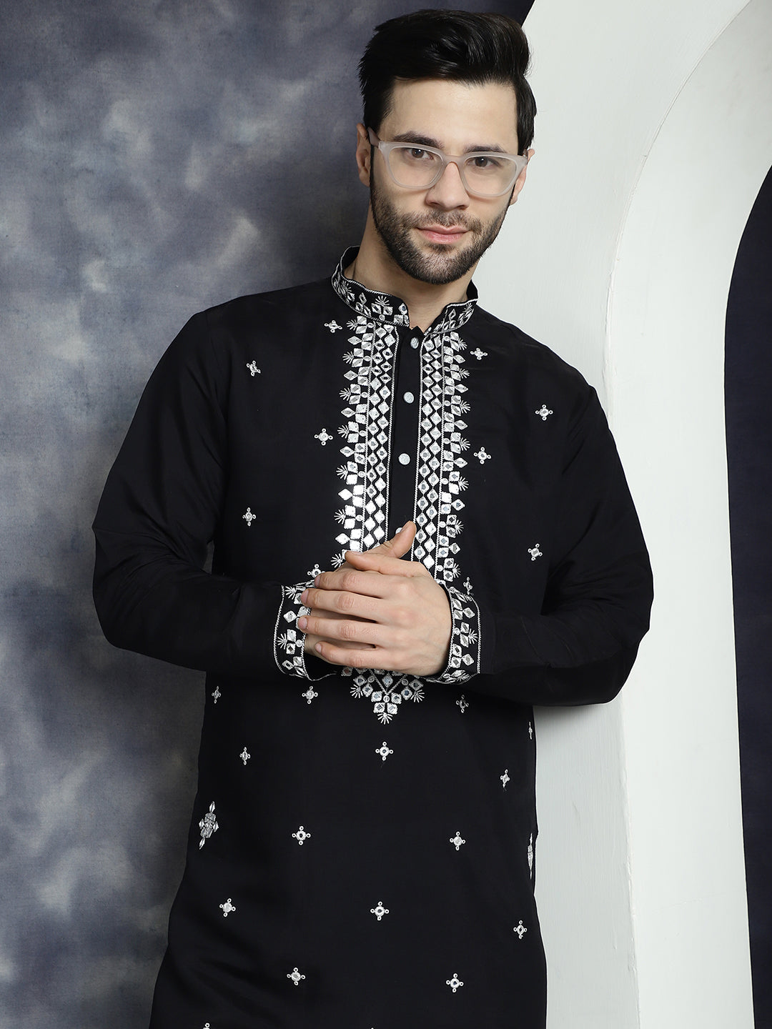 Black Embroidered Mens Kurta Pajama Set | Silk Blend