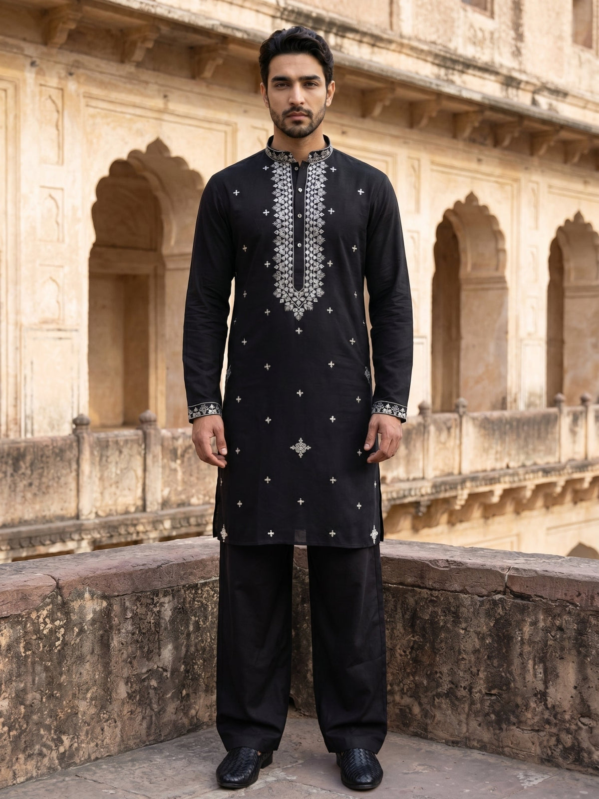 Men's Embroidered Kurta With Pyjama ( JOKP PJ11B 5045Black )