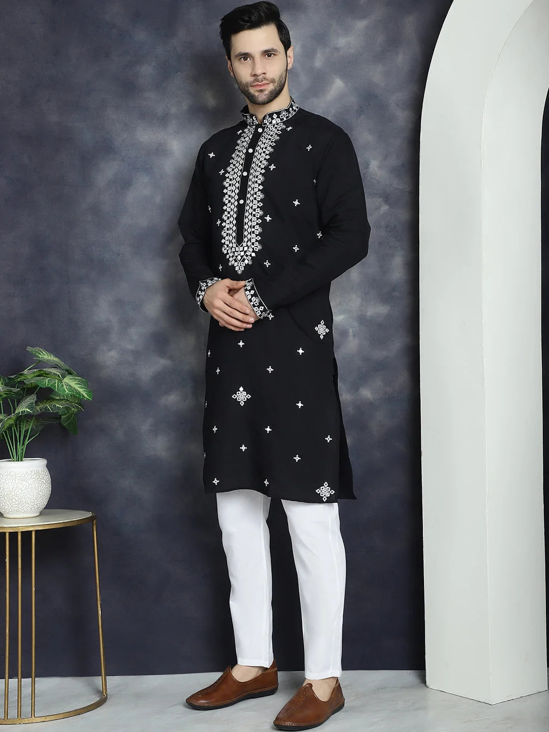 Black Embroidered Mens Kurta Pajama Set | Silk Blend