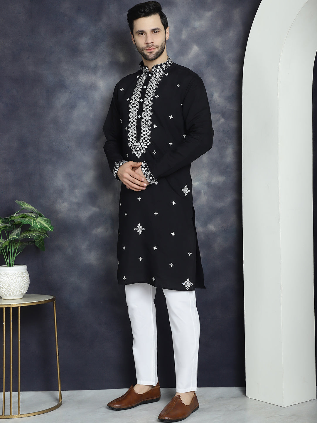 Black Embroidered Mens Kurta Pajama Set | Silk Blend