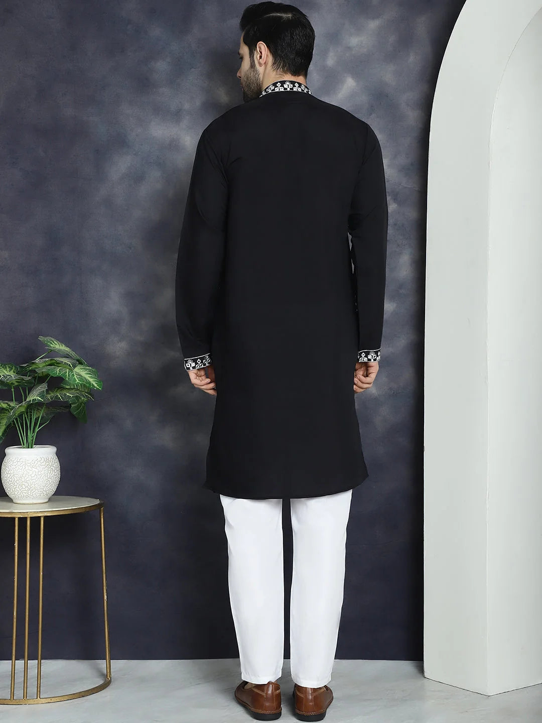 Black Embroidered Mens Kurta Pajama Set | Silk Blend