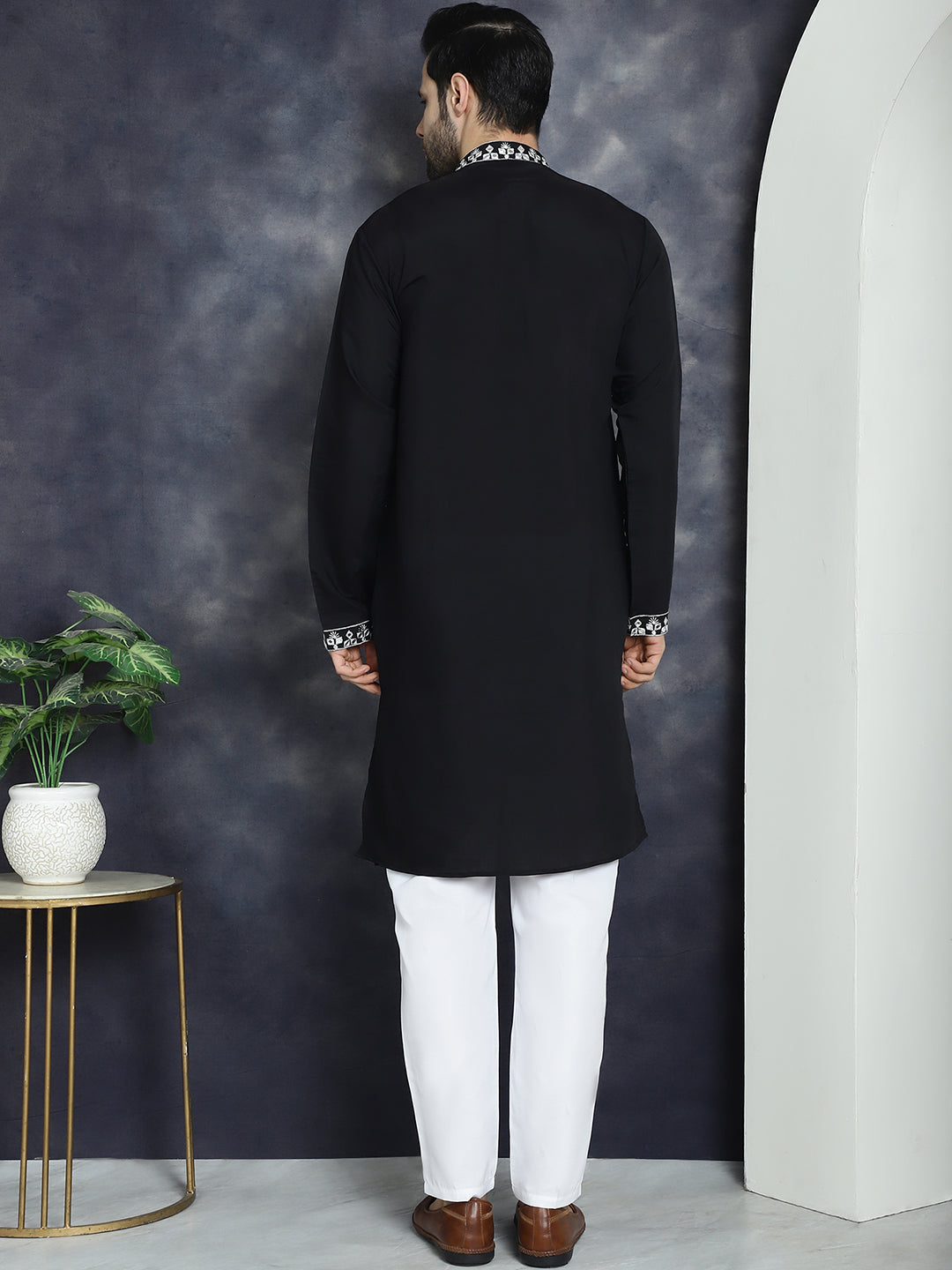 Black Embroidered Mens Kurta Pajama Set | Silk Blend