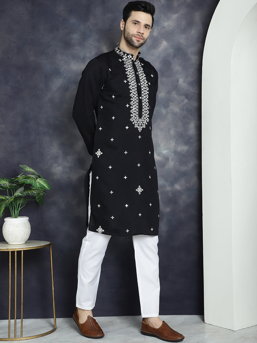 Black Embroidered Mens Kurta Pajama Set | Silk Blend