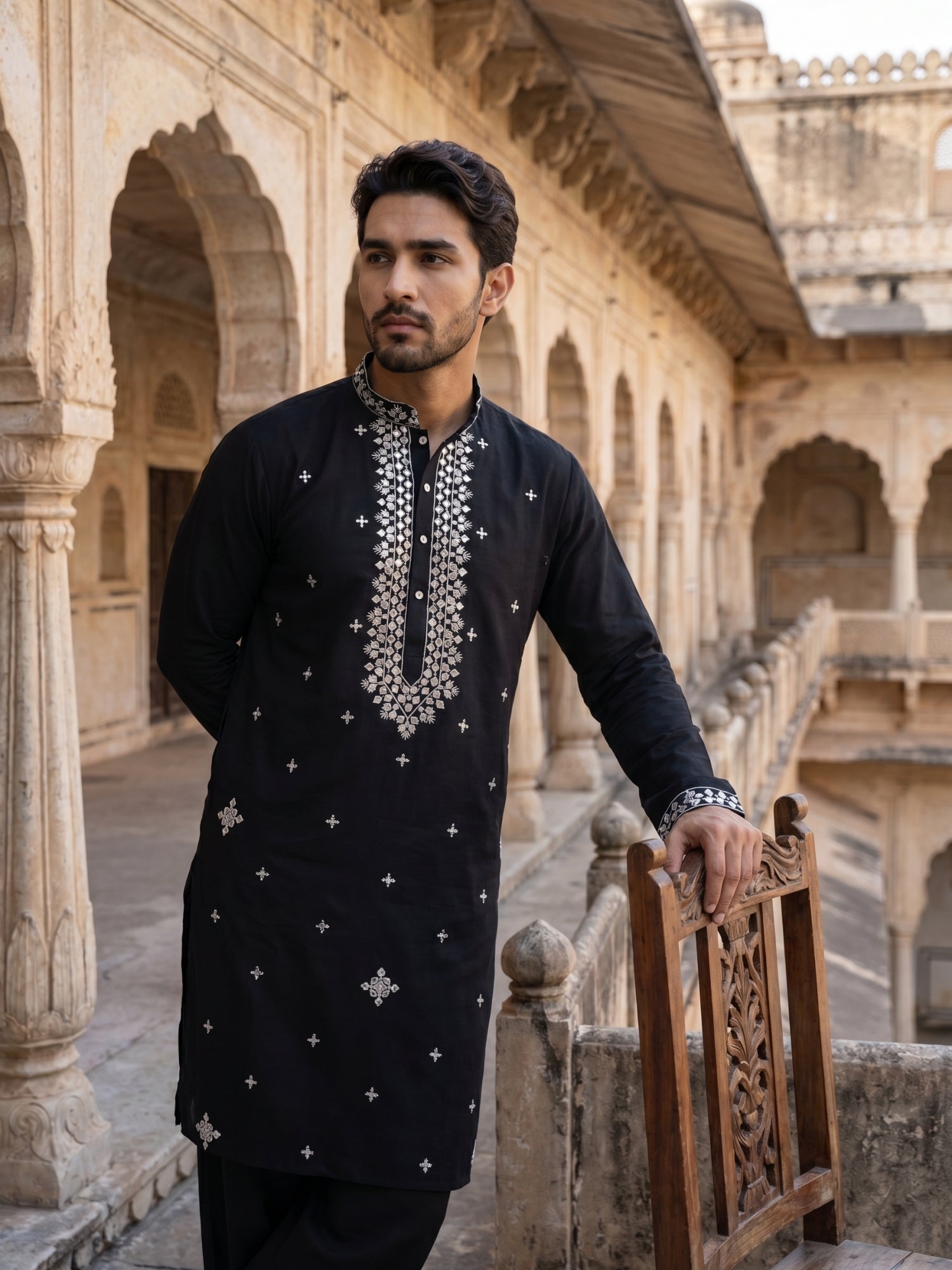 DesiQlo Men Embroidered Kurta Pyjama Set - Black - JOKP_PJ11B_5045Blac
