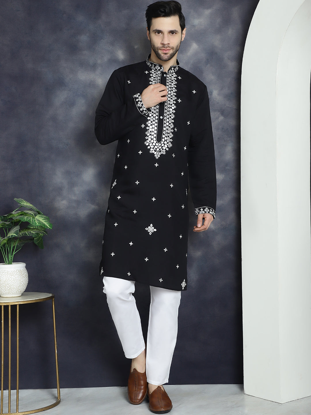 Black Embroidered Mens Kurta Pajama Set | Silk Blend