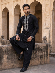 Men's Embroidered Kurta With Pyjama ( JOKP PJ11B 5045Black )