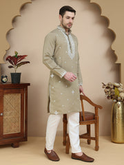 Men's Embroidered Kurta With Pyjama ( JOKP P 5045 Brown )