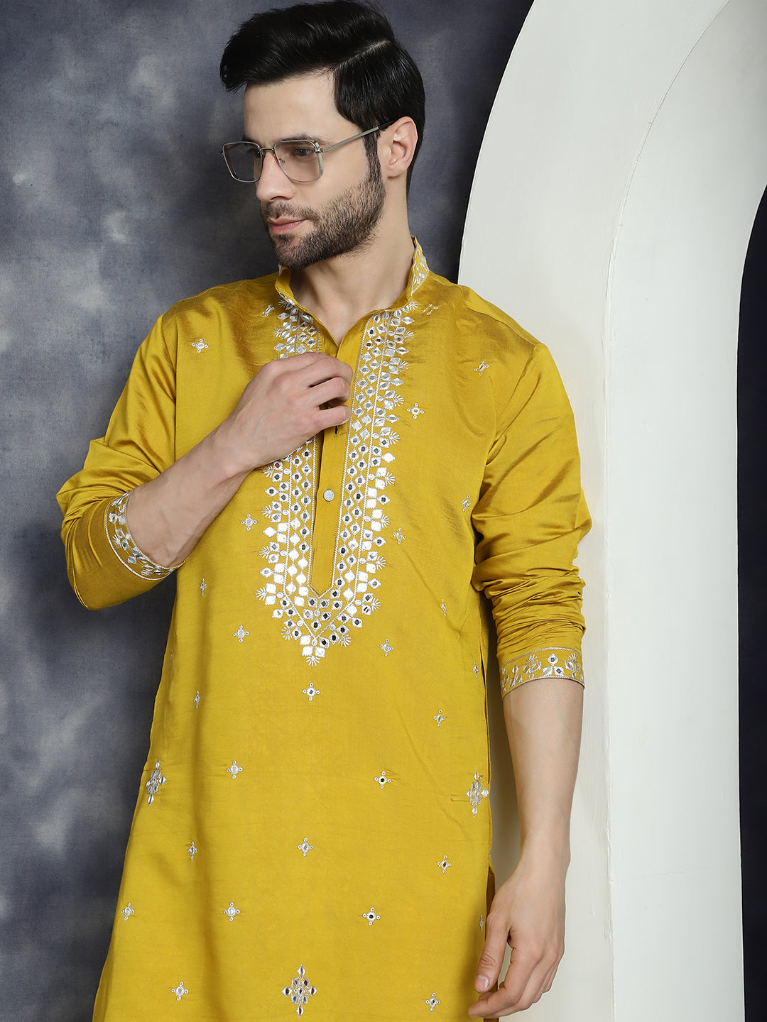 Mustard Embroidered Mens Kurta Pajama Set | Stylish Kurta Pajama