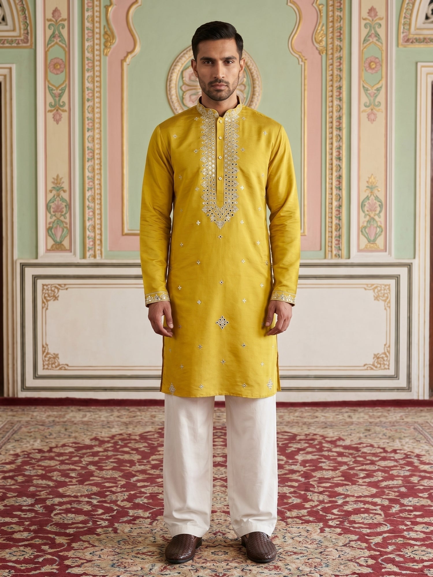 DesiQlo Men Embroidered Kurta Pyjama Set - Yellow - JOKP_PJ11W_5045Mus