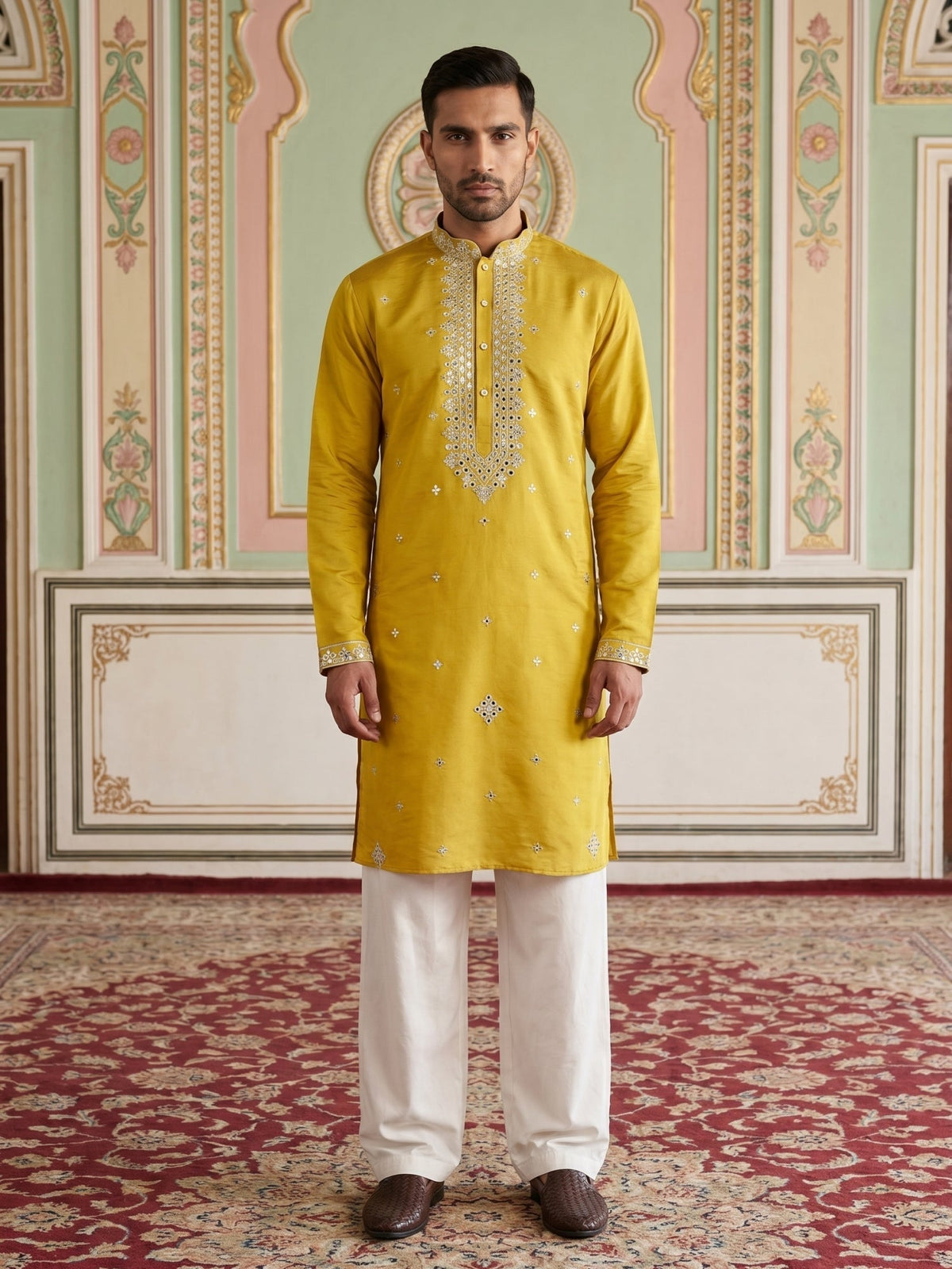 Men's Embroidered Kurta With Pyjama ( JOKP PJ11W 5045Mustard )