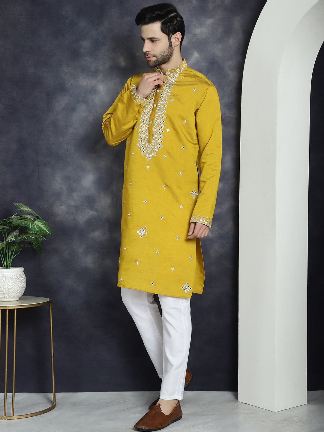 Mustard Embroidered Mens Kurta Pajama Set | Stylish Kurta Pajama