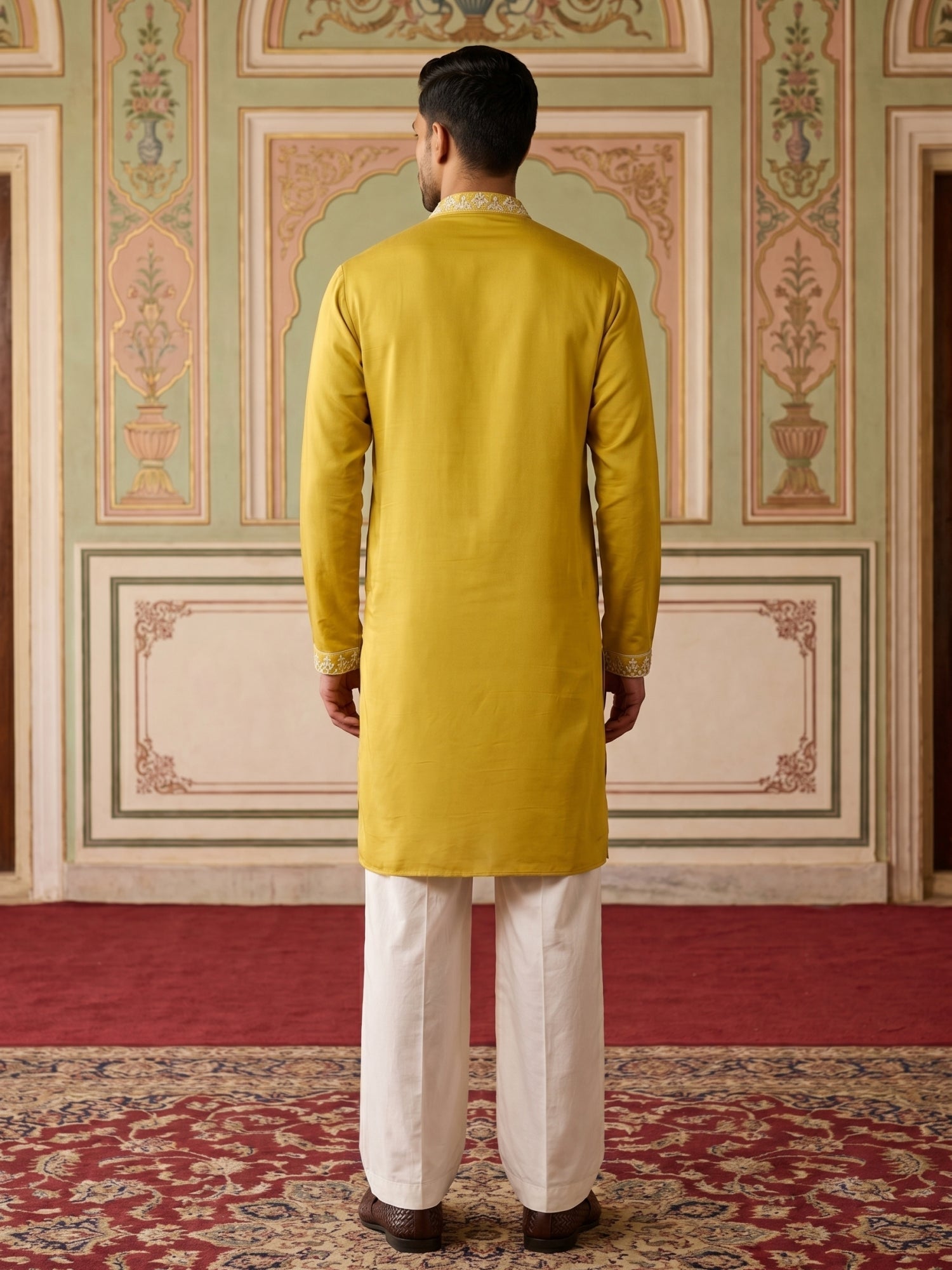 DesiQlo Men Embroidered Kurta Pyjama Set - Yellow - JOKP_PJ11W_5045Mus