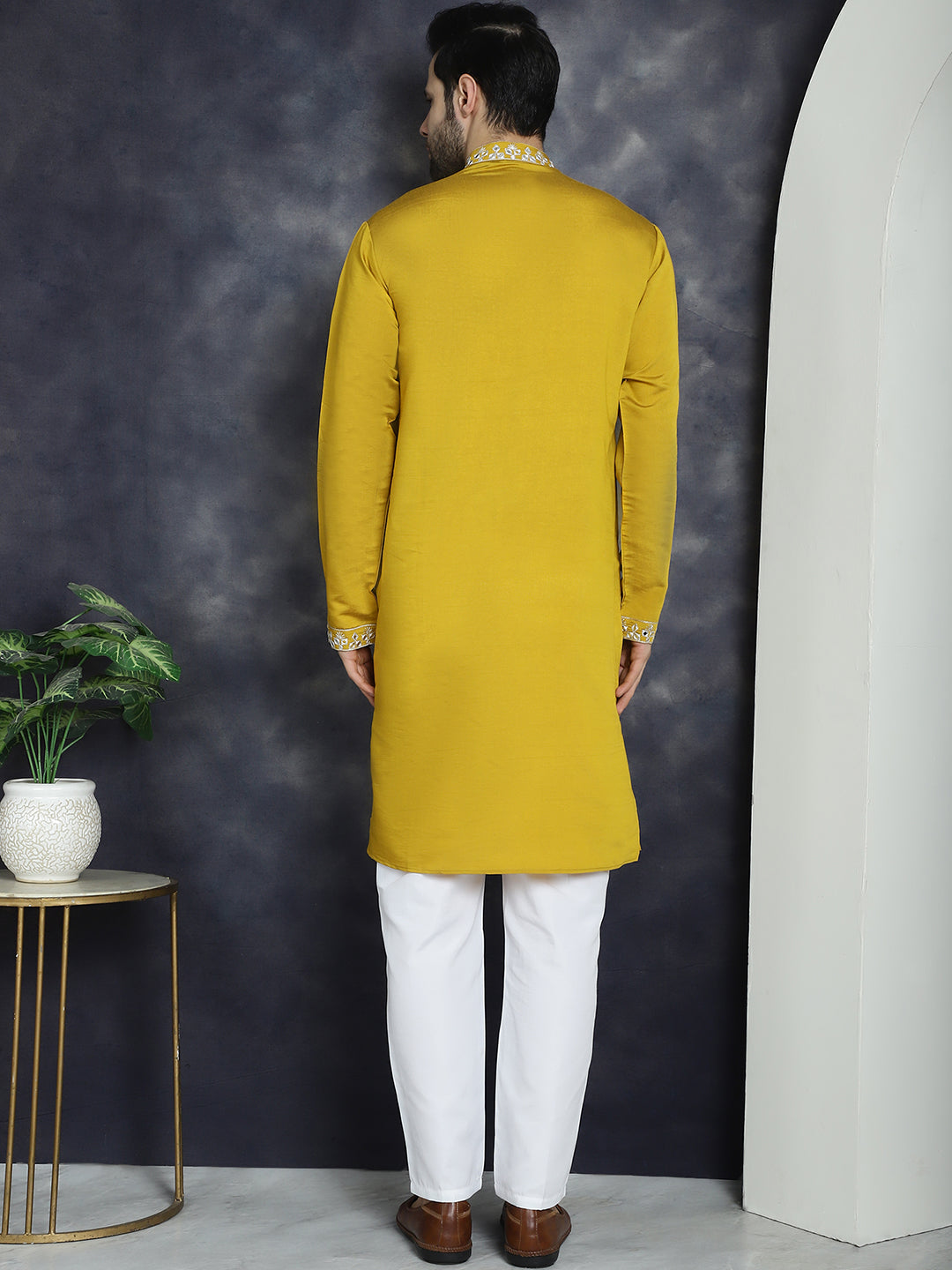 Mustard Embroidered Mens Kurta Pajama Set | Stylish Kurta Pajama