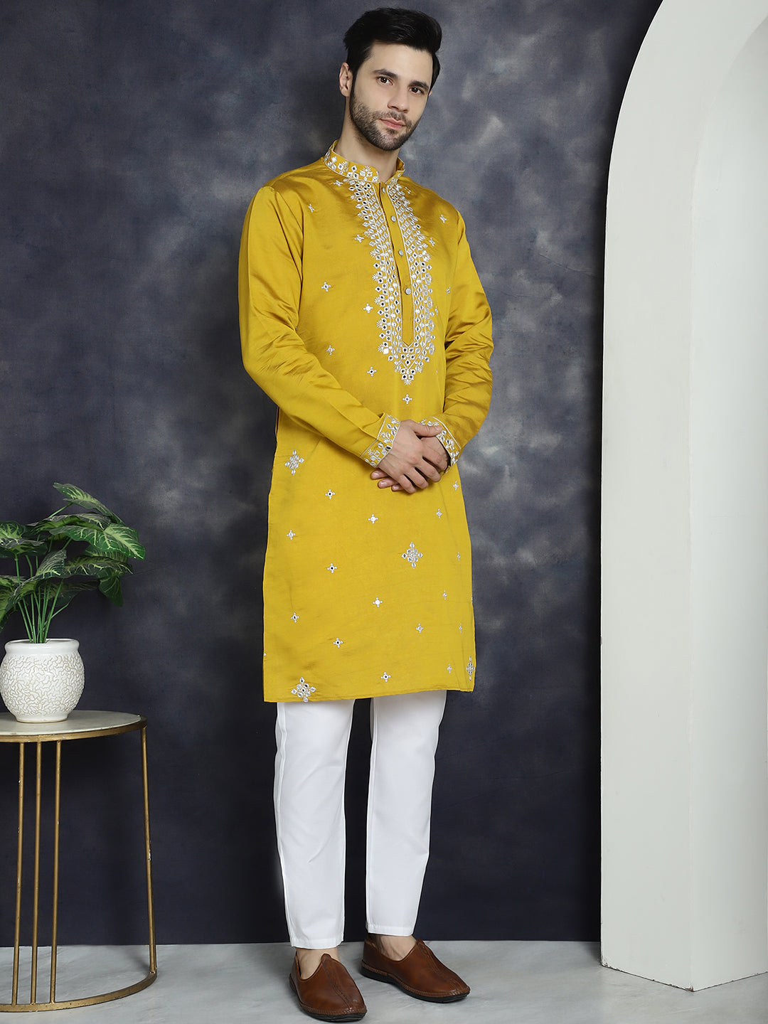 Mustard Embroidered Mens Kurta Pajama Set | Stylish Kurta Pajama
