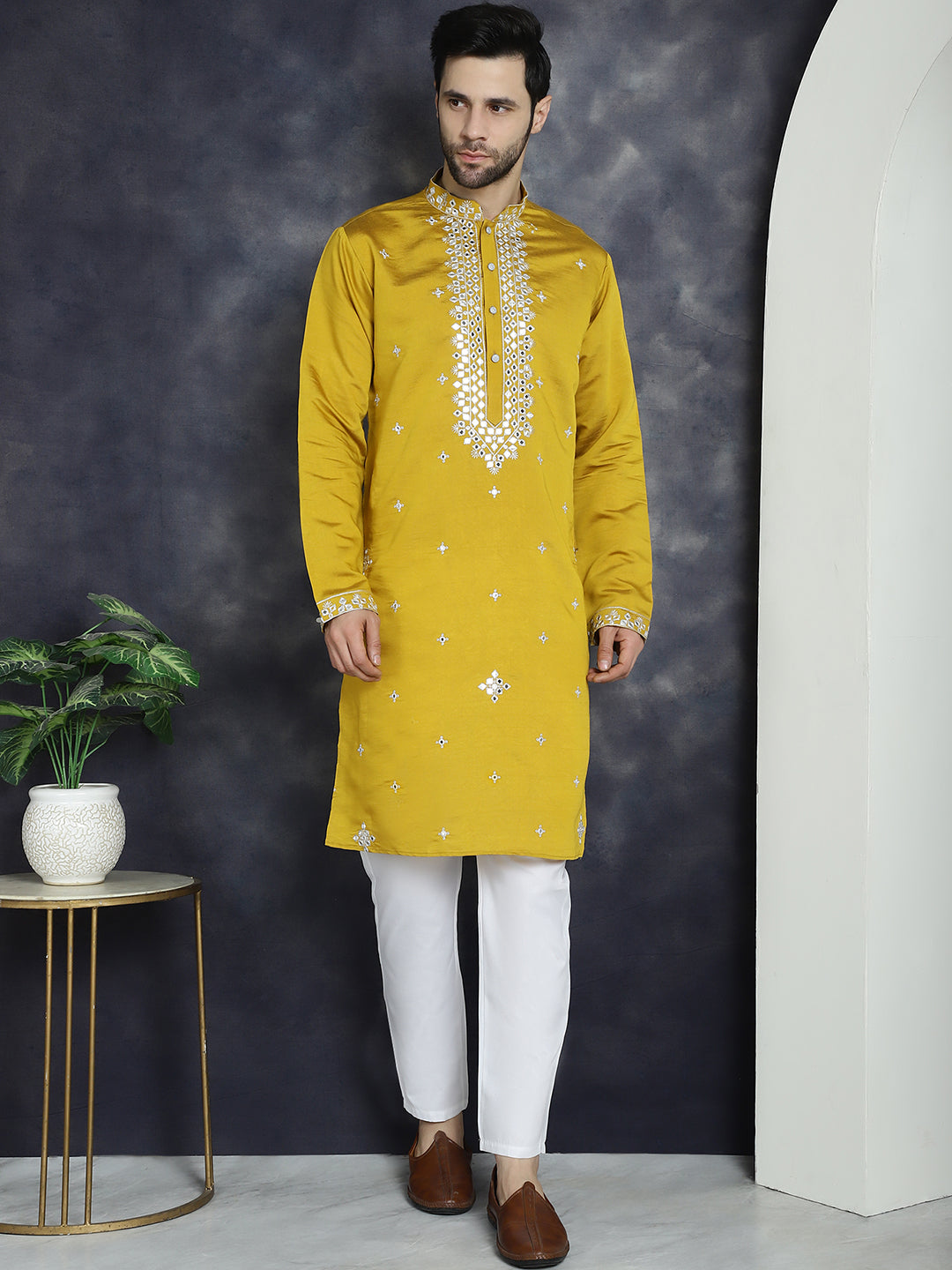 Mustard Embroidered Mens Kurta Pajama Set | Stylish Kurta Pajama