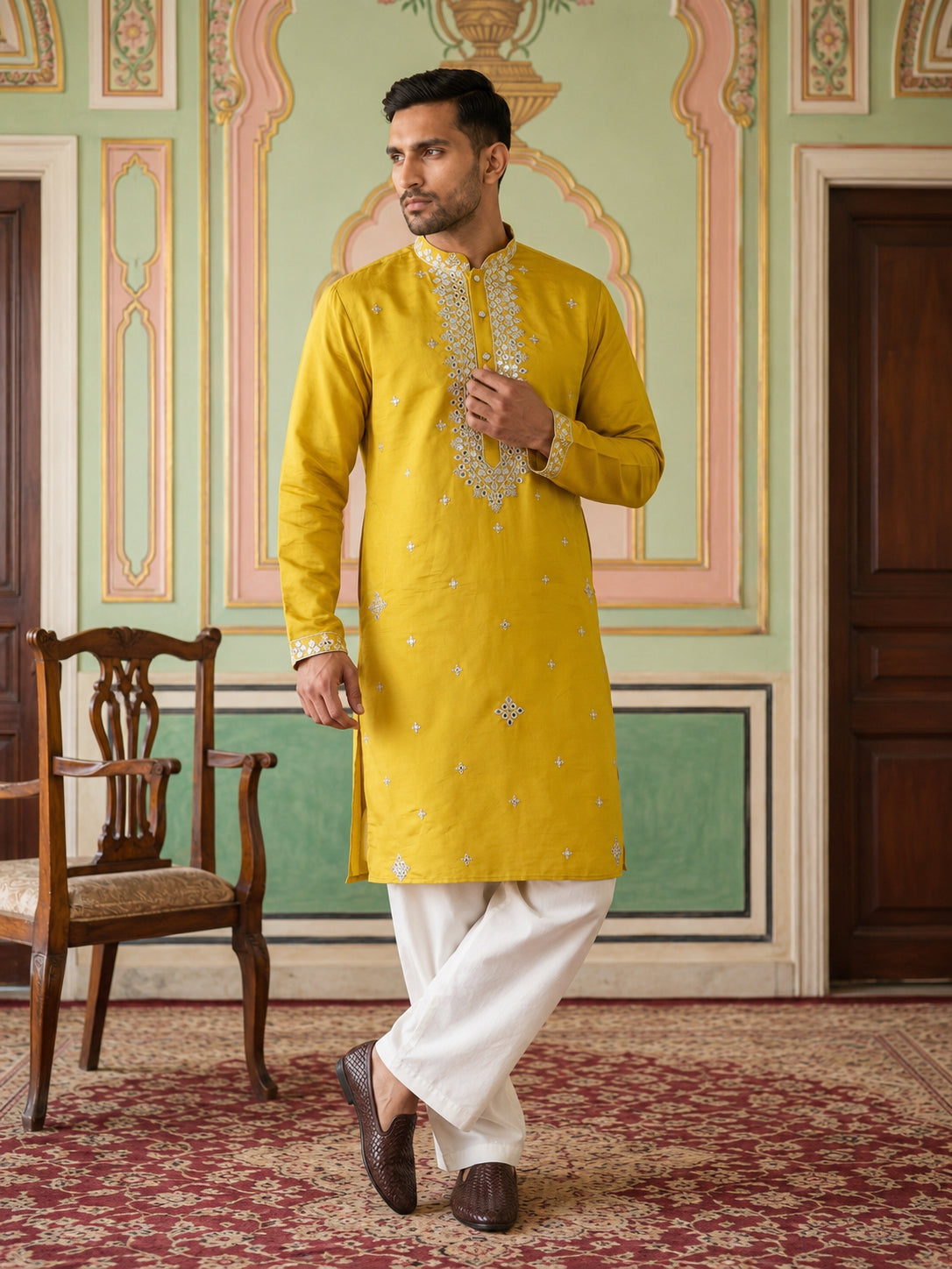 DesiQlo Men Embroidered Kurta Pyjama Set - Yellow - JOKP_PJ11W_5045Mus