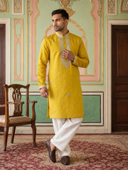 Men's Embroidered Kurta With Pyjama ( JOKP PJ11W 5045Mustard )
