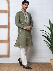 Men's Embroidered Kurta With Pyjama ( JOKP P 5045 P 5045Olive )