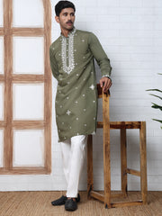 Men's Embroidered Kurta With Pyjama ( JOKP P 5045 P 5045Olive )