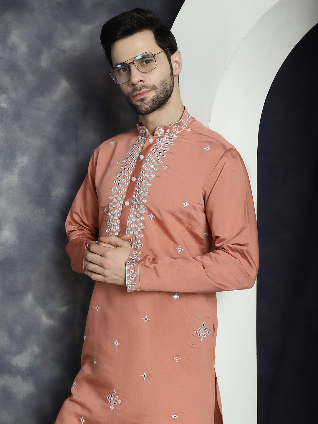 Peach Embroidered Mens Kurta Pajama Set | Designer Kurta Pajama
