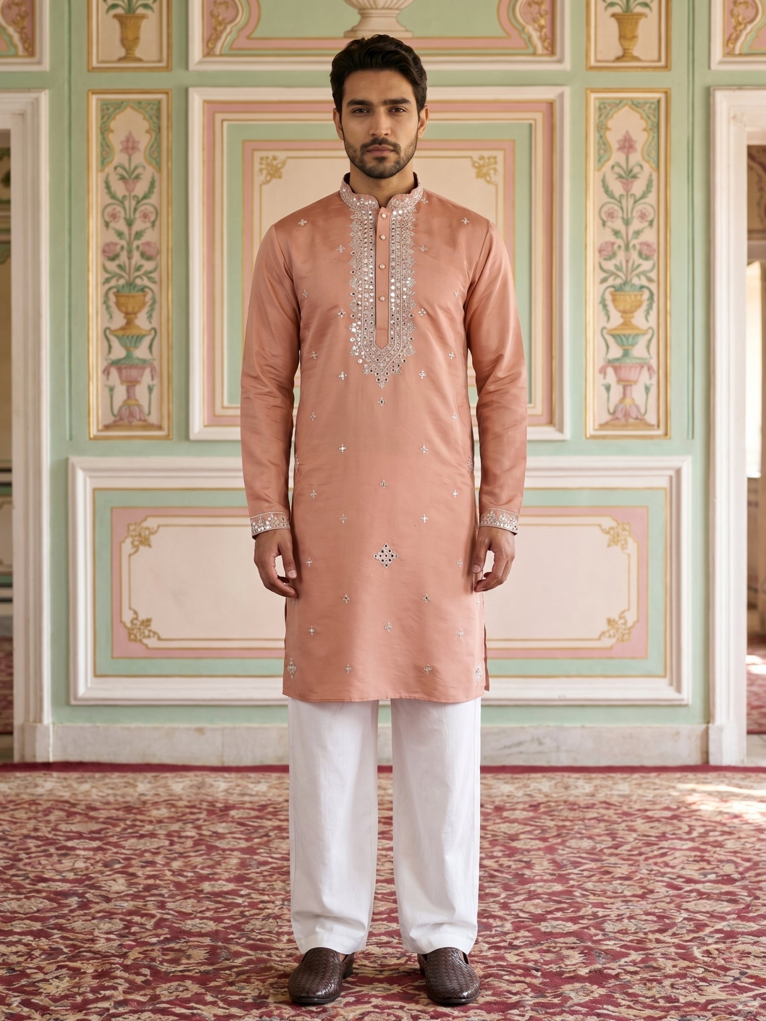 DesiQlo Men Embroidered Kurta Pyjama Set - Orange - JOKP_PJ11W_5045Pea