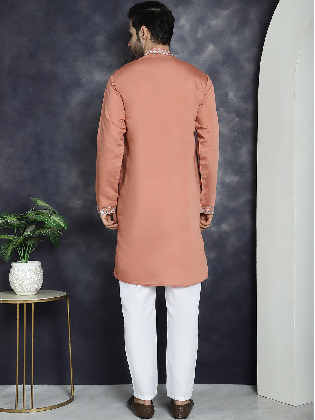 Peach Embroidered Mens Kurta Pajama Set | Designer Kurta Pajama