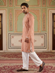 Men's Embroidered Kurta With Pyjama ( JOKP PJ11W 5045Peach )