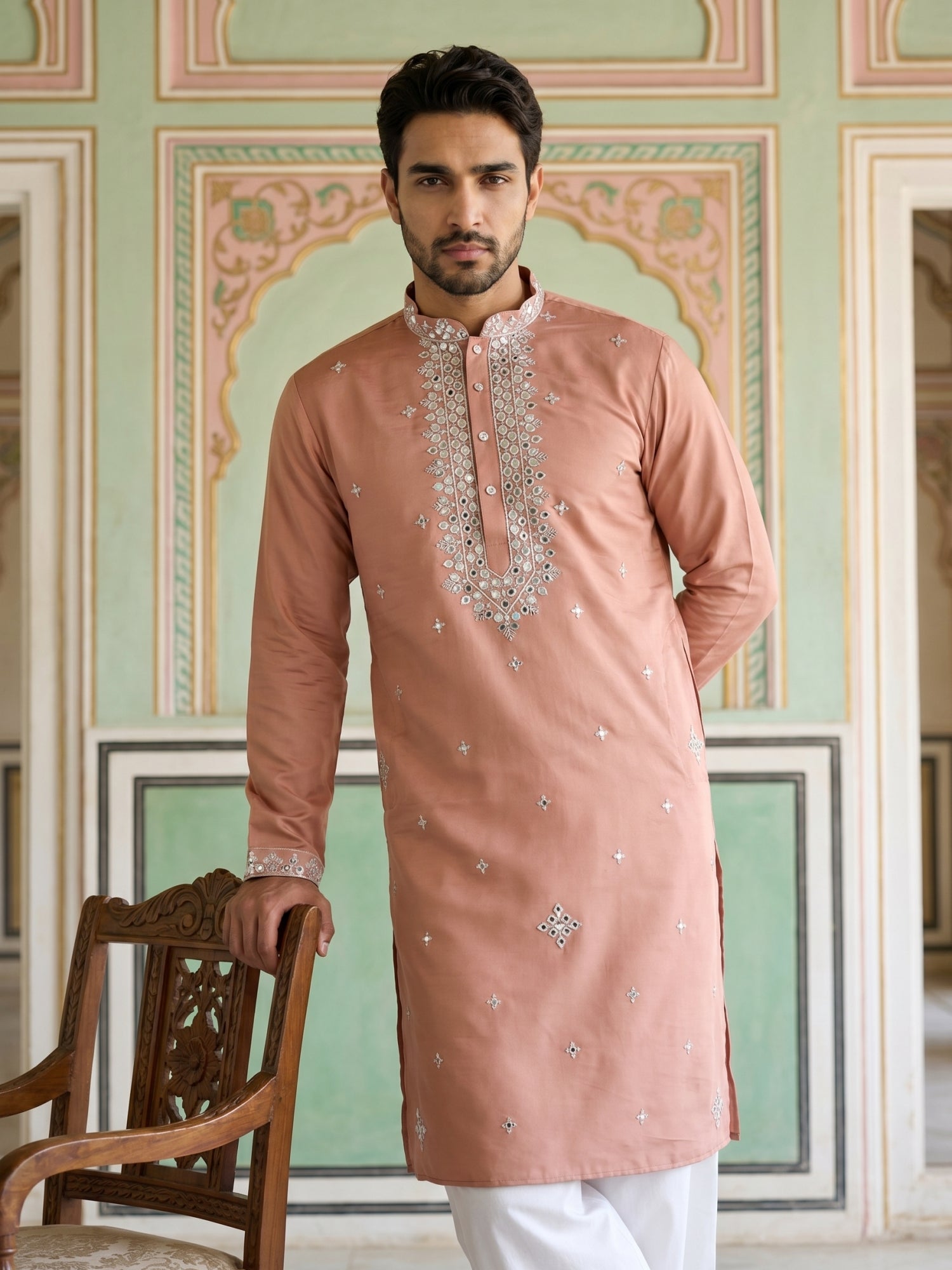 DesiQlo Men Embroidered Kurta Pyjama Set - Orange - JOKP_PJ11W_5045Pea