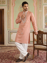 Men's Embroidered Kurta With Pyjama ( JOKP PJ11W 5045Peach )
